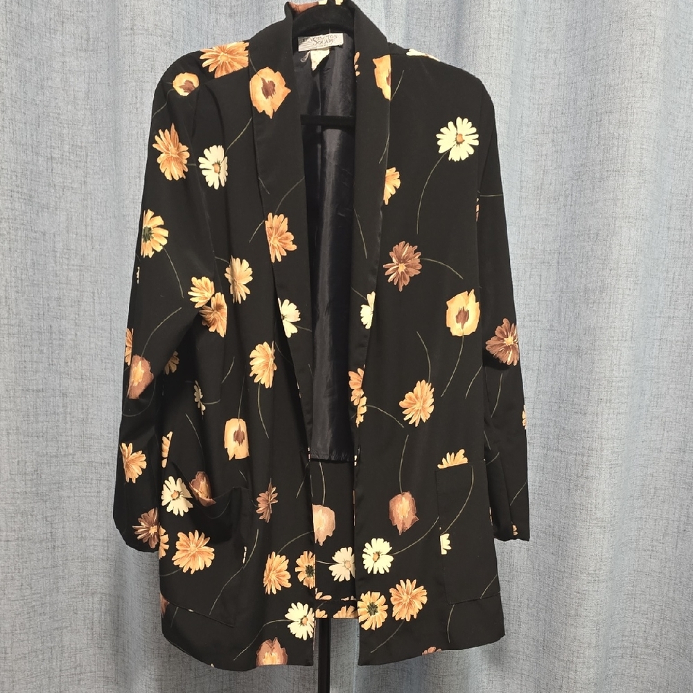Vintage 90s Kensington Square Floral Black Women's Oversized Blazer Size‎ Large